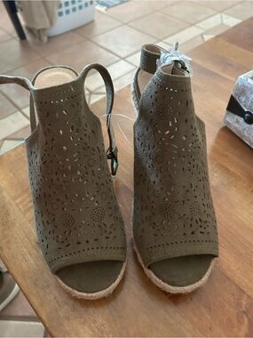 Not Rated Olive Green Laser-Cut Espadrille Wedge Sandals